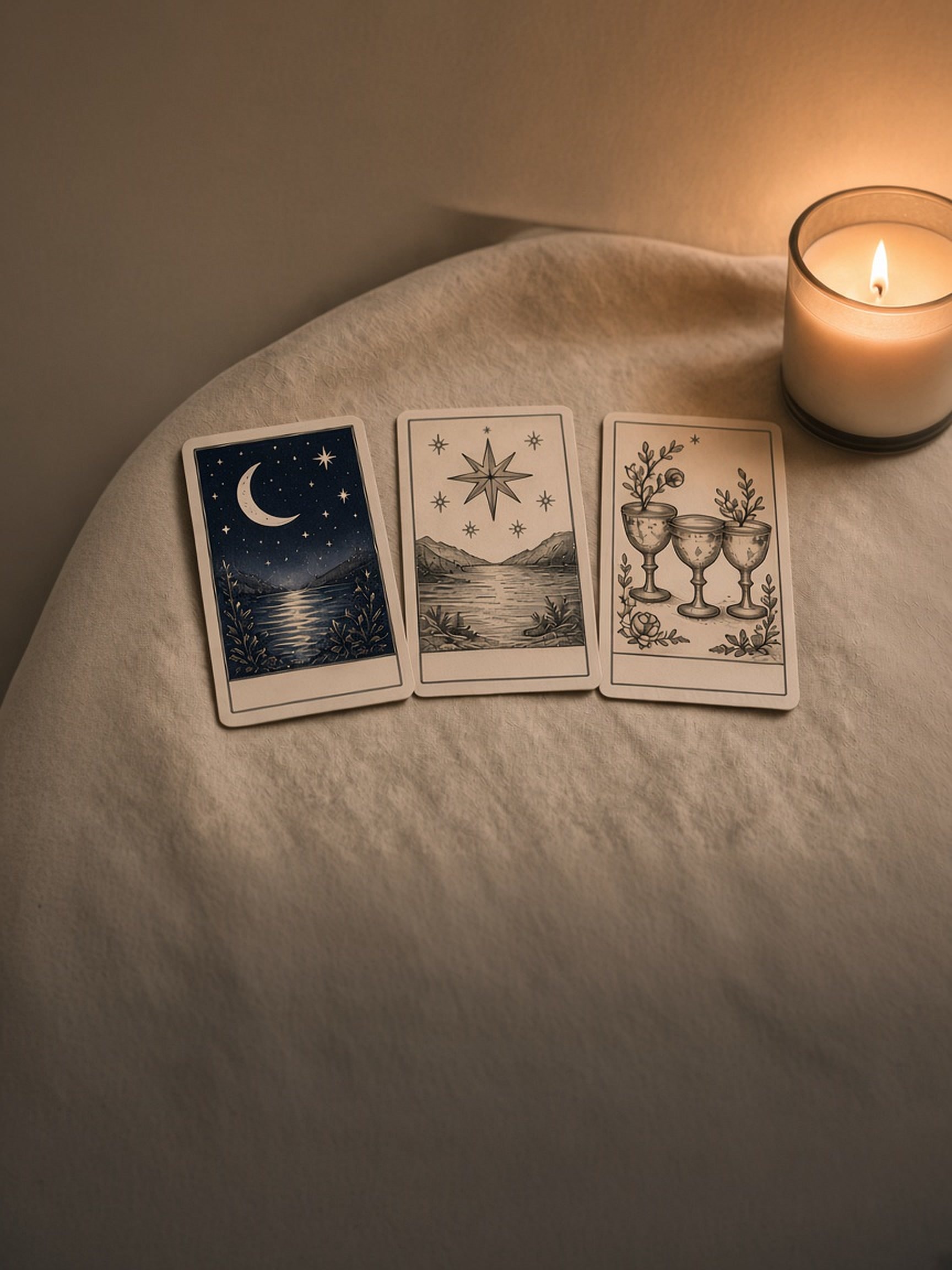 Three tarot cards on a linen table beside a lit candle